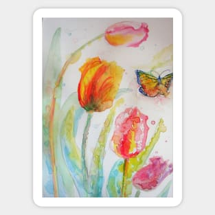 Colorful Tulip Watercolor Painting and Butterfly Sticker